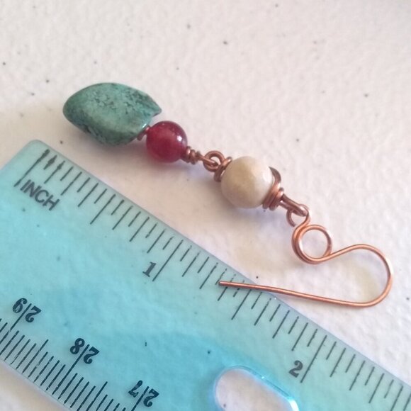 One-of-a-Kind! Beaded + Wire Wrapped Dangle Earrings! Turquoise Red Cream Copper - Picture 11 of 12